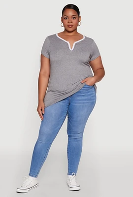 Womens Plus Size Ruched Contrast Trim Notch Neck Top, Grey, Size 4X