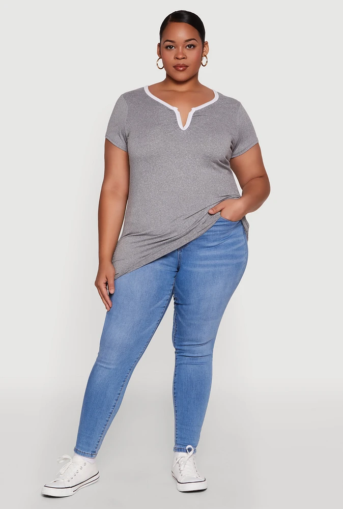 Womens Plus Size Ruched Contrast Trim Notch Neck Top, Grey, Size 3X