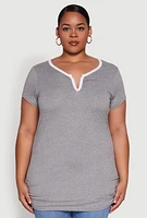 Womens Plus Size Ruched Contrast Trim Notch Neck Top, Grey, Size 3X