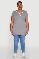 Womens Plus Size Ruched Contrast Trim Notch Neck Top, Grey, Size 3X