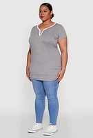 Womens Plus Size Ruched Contrast Trim Notch Neck Top, Grey, Size 3X