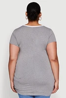 Womens Plus Size Ruched Contrast Trim Notch Neck Top, Grey, Size 3X