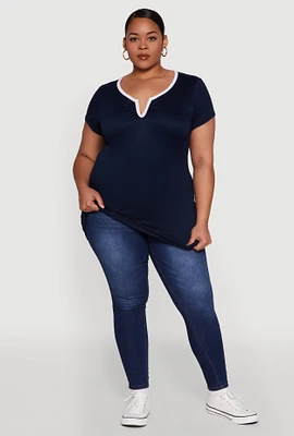 Womens Plus Ruched Contrast Trim Notch Neck Top,