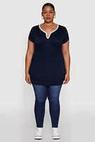 Womens Plus Ruched Contrast Trim Notch Neck Top,