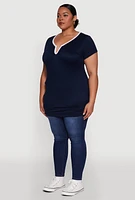 Womens Plus Size Ruched Contrast Trim Notch Neck Top, Black, Size 1X