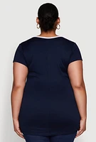 Womens Plus Size Ruched Contrast Trim Notch Neck Top, Black, Size 1X
