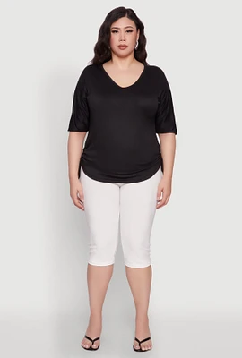 Womens Plus Ruched Side Tie V Neck Top,