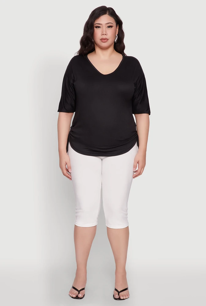 Womens Plus Ruched Side Tie V Neck Top,