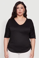 Womens Plus Ruched Side Tie V Neck Top,
