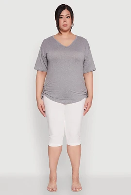 Womens Plus Size Ruched Side Tie V Neck Top, Grey, Size 1X