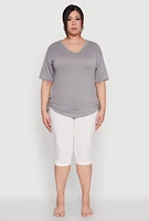 Womens Plus Size Ruched Side Tie V Neck Top, Grey, Size 1X