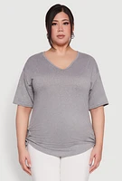 Womens Plus Size Ruched Side Tie V Neck Top, Grey, Size 1X