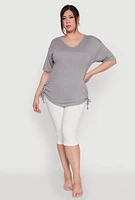 Womens Plus Size Ruched Side Tie V Neck Top, Grey, Size 1X