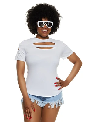Womens Plus Size Cut Out Crew Neck T Shirt, White, Size 1X