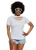 Womens Plus Size Cut Out Crew Neck T Shirt, White, Size 1X