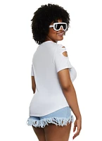 Womens Plus Size Cut Out Crew Neck T Shirt, White, Size 1X