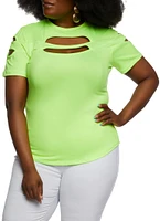 Womens Plus Size Cut Out Crew Neck T Shirt, Green, Size 2X