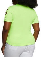 Womens Plus Size Cut Out Crew Neck T Shirt, Green, Size 2X