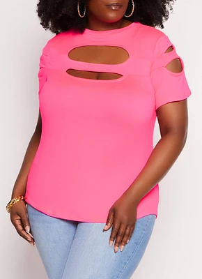 Womens Plus Size Cut Out Crew Neck T Shirt, Pink, Size 3X