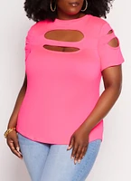 Womens Plus Size Cut Out Crew Neck T Shirt, Pink, Size 3X