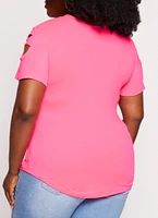 Womens Plus Size Cut Out Crew Neck T Shirt, Pink, Size 3X