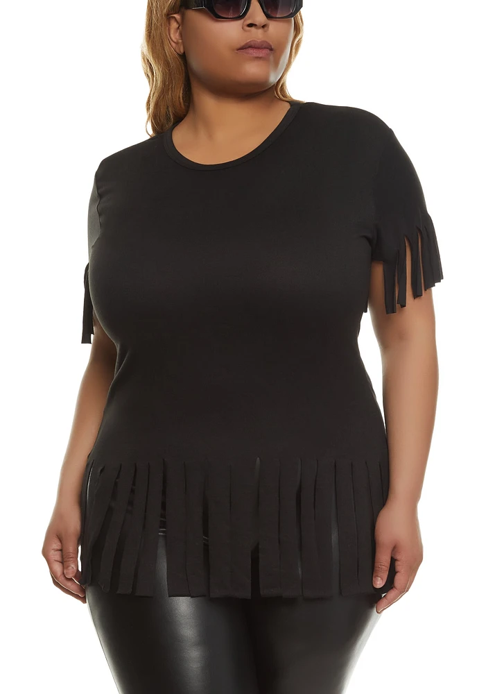 Womens Plus Size Short Sleeve Fringe Hem T Shirt, Black, Size 2X