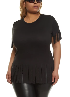 Womens Plus Size Short Sleeve Fringe Hem T Shirt, Black, Size 2X