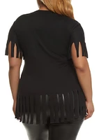 Womens Plus Size Short Sleeve Fringe Hem T Shirt, Black, Size 2X