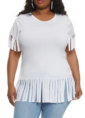 Womens Plus Size Short Sleeve Fringe Hem T Shirt, White, Size 1X