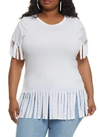 Womens Plus Size Short Sleeve Fringe Hem T Shirt, White, Size 1X