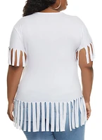 Womens Plus Size Short Sleeve Fringe Hem T Shirt, White, Size 1X