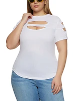 Womens Plus Size Ribbed Knit Cut Out Top, White, Size 3X