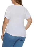 Womens Plus Size Ribbed Knit Cut Out Top, White, Size 3X