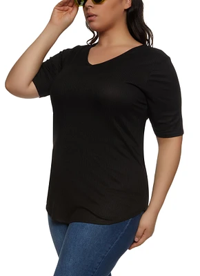 Womens Plus Rib Knit V Neck Tee,