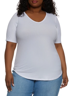 Womens Plus Size Rib Knit V Neck Tee, White, Size 3X