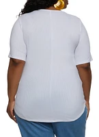 Womens Plus Size Rib Knit V Neck Tee, White, Size 3X