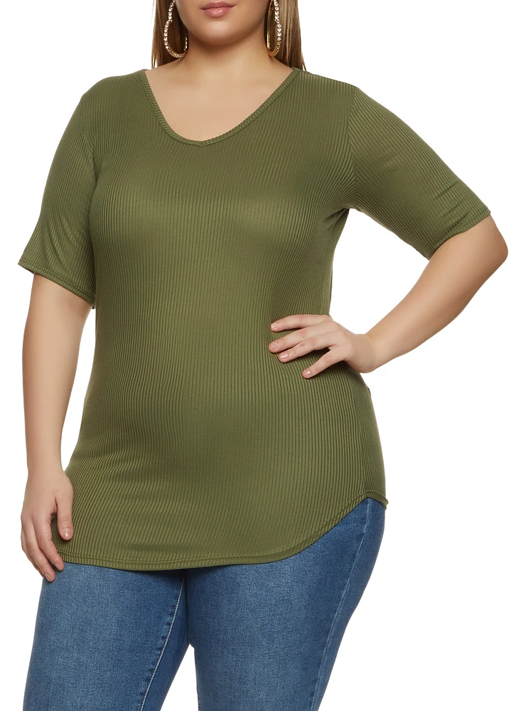 Womens Plus Rib Knit V Neck Tee, 1X