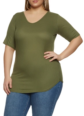 Womens Plus Rib Knit V Neck Tee, 1X