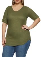 Womens Plus Rib Knit V Neck Tee, 1X
