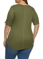 Womens Plus Rib Knit V Neck Tee, 1X