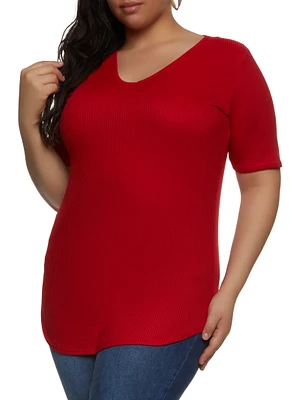 Womens Plus Rib Knit V Neck Tee,