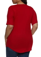 Womens Plus Rib Knit V Neck Tee,