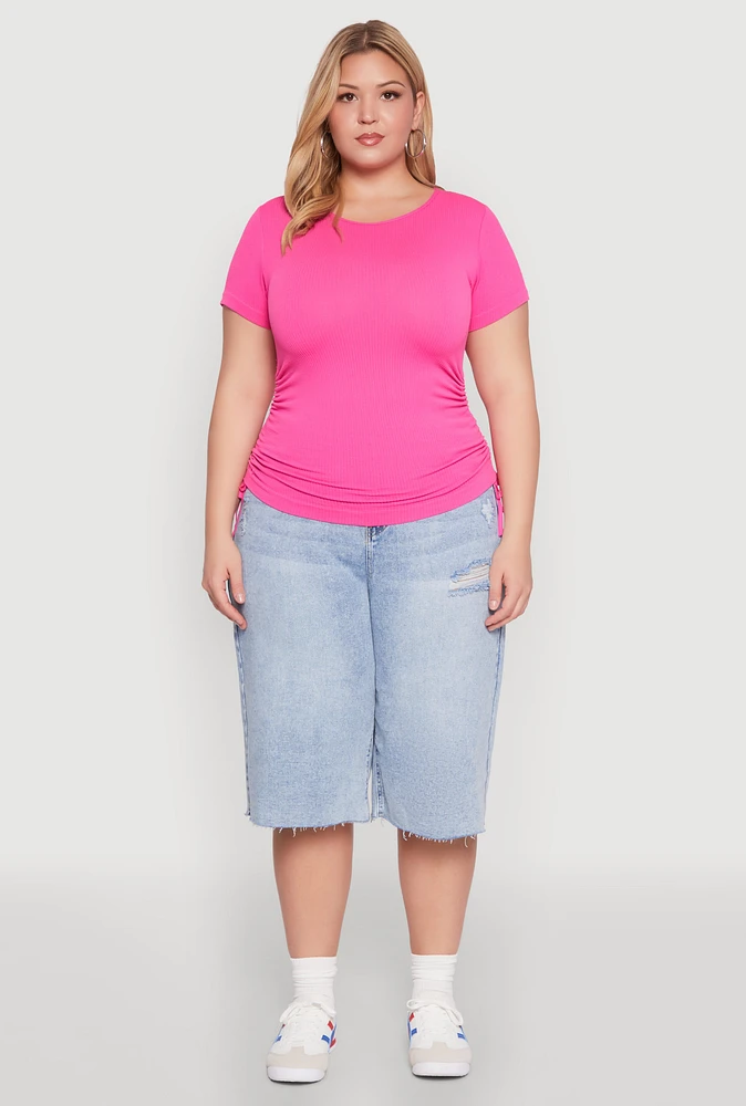 Womens Plus Size Seamless Rib Knit Tee, Pink, Size 1X-2X