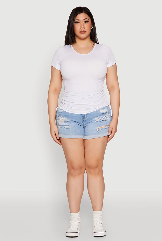 Womens Plus Size Seamless Drawstring Side Tee, White, Size 3X-4X