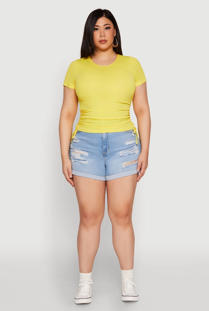 Womens Plus Size Seamless Drawstring Side Tee, Yellow, Size 3X-4X