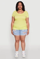Womens Plus Size Ribbed Knit Ruched Tee, Yellow, Size 4X