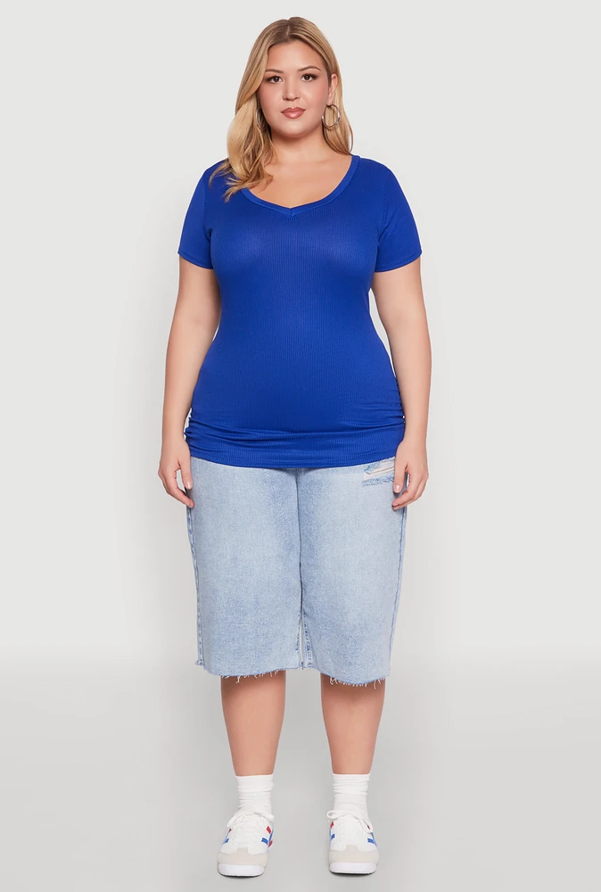 Womens Plus Size Ribbed Knit Ruched Tee, Blue, Size 2X