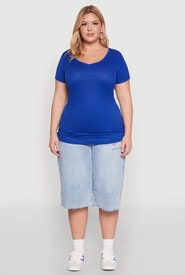 Womens Plus Size Ribbed Knit Ruched Tee, Blue, Size 2X