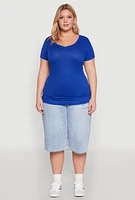 Womens Plus Size Ribbed Knit Ruched Tee, Blue, Size 2X