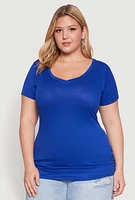 Womens Plus Size Ribbed Knit Ruched Tee, Blue, Size 2X